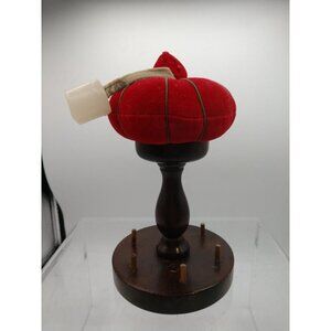 Vintage SRG Japan Wooden Sewing Spool Holder With Red Velvet Tomato Pin Cushion